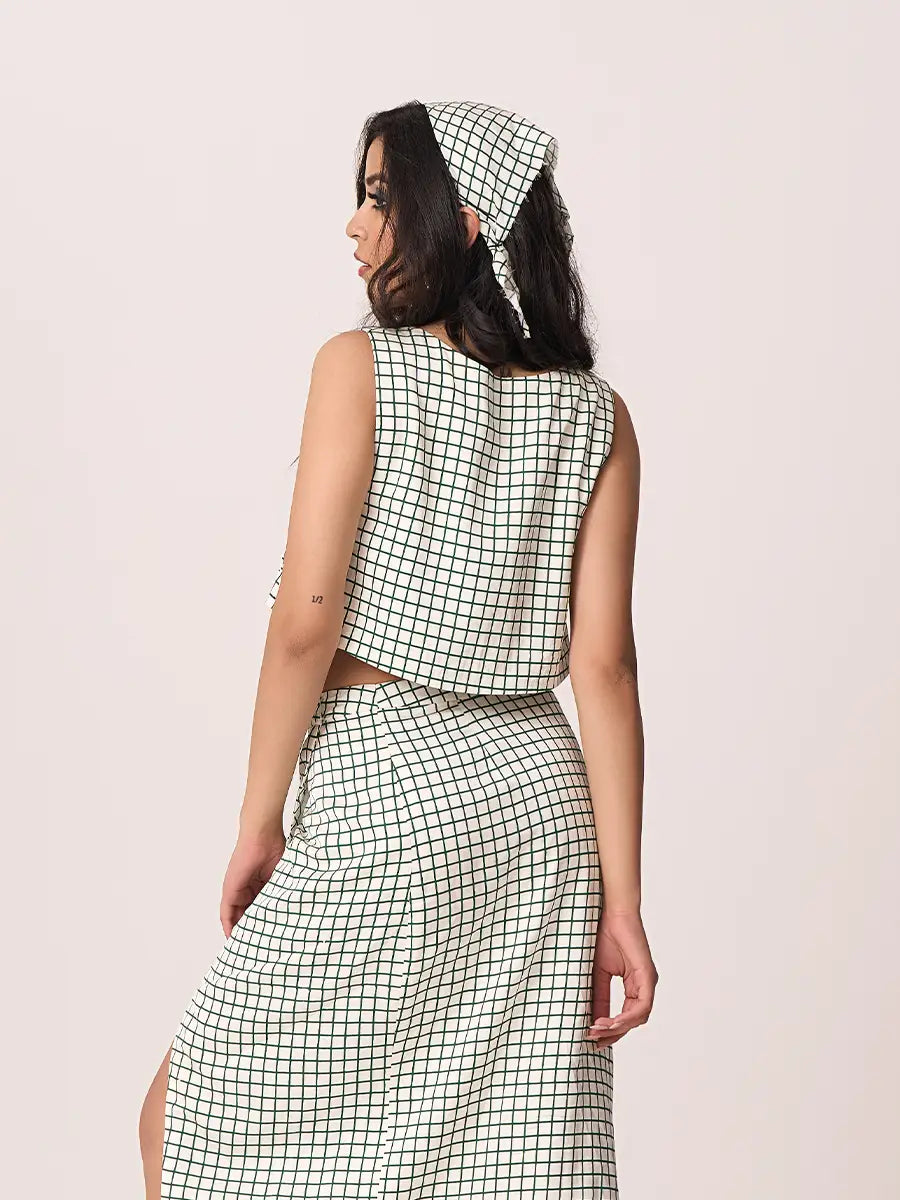 Green & White Check Boho Top & Slit Skirt Set