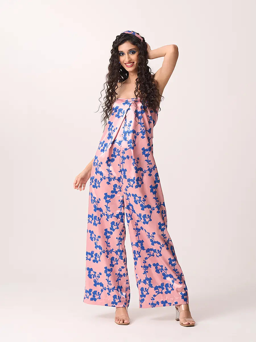 Pink & Blue Floral Stone Work Satin Jumpsuit