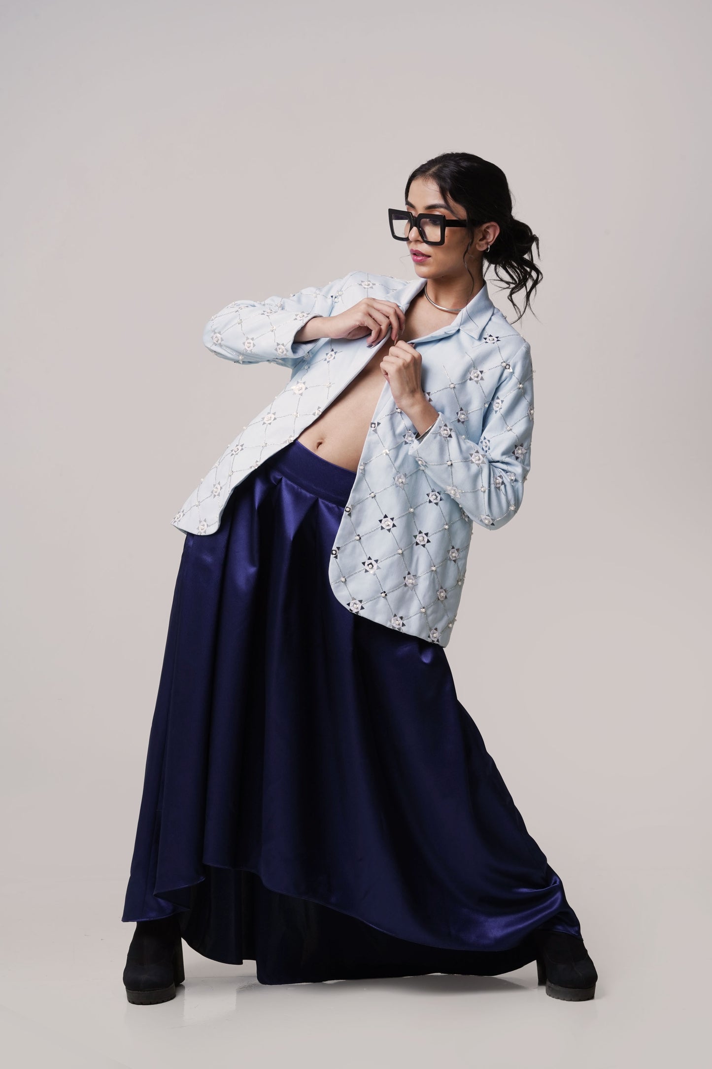 Frost Stitch Blazer with Midnight Satin Skirt
