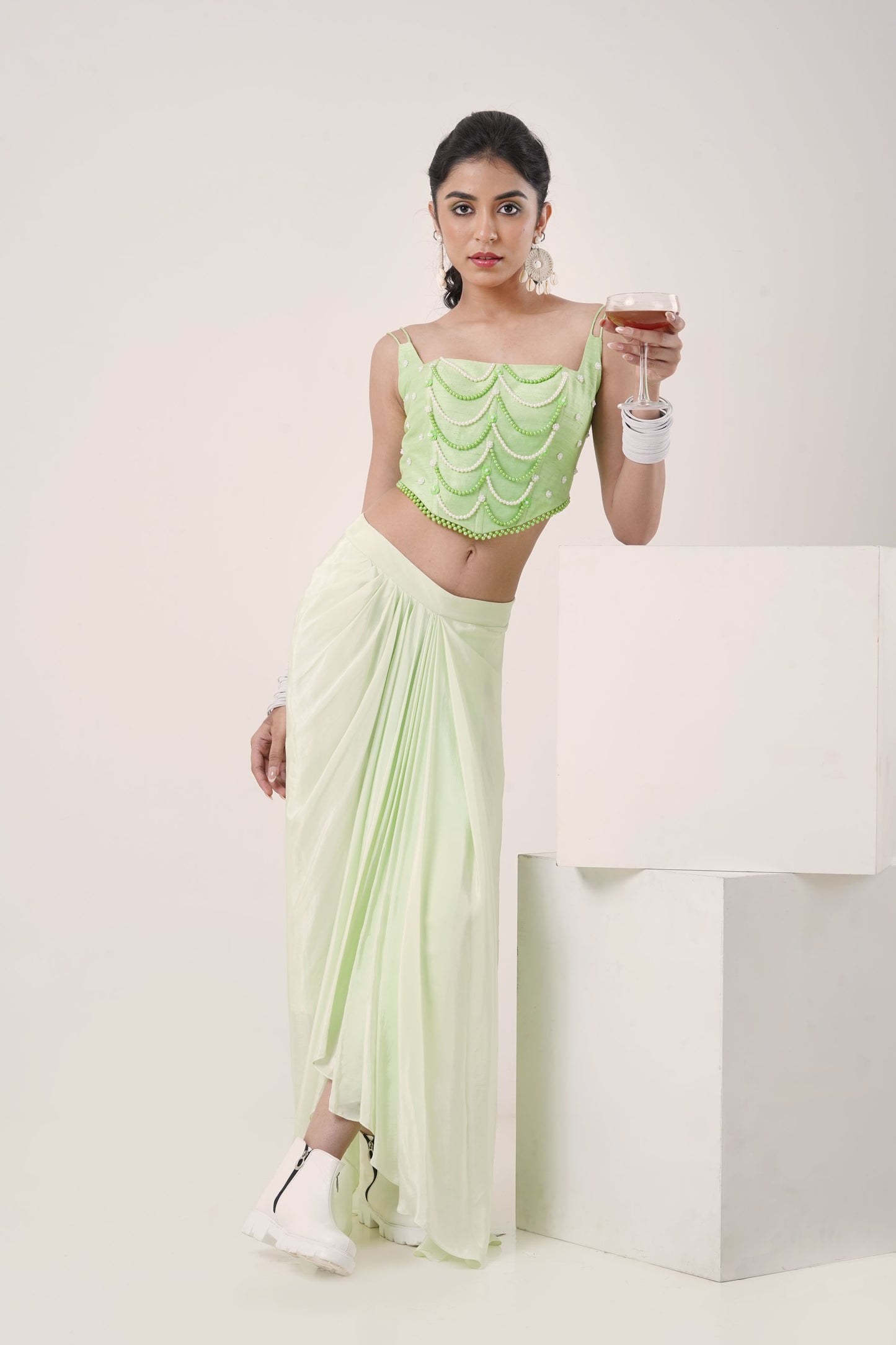Mint Green Draped Skirt & Beaded Corset Top Set