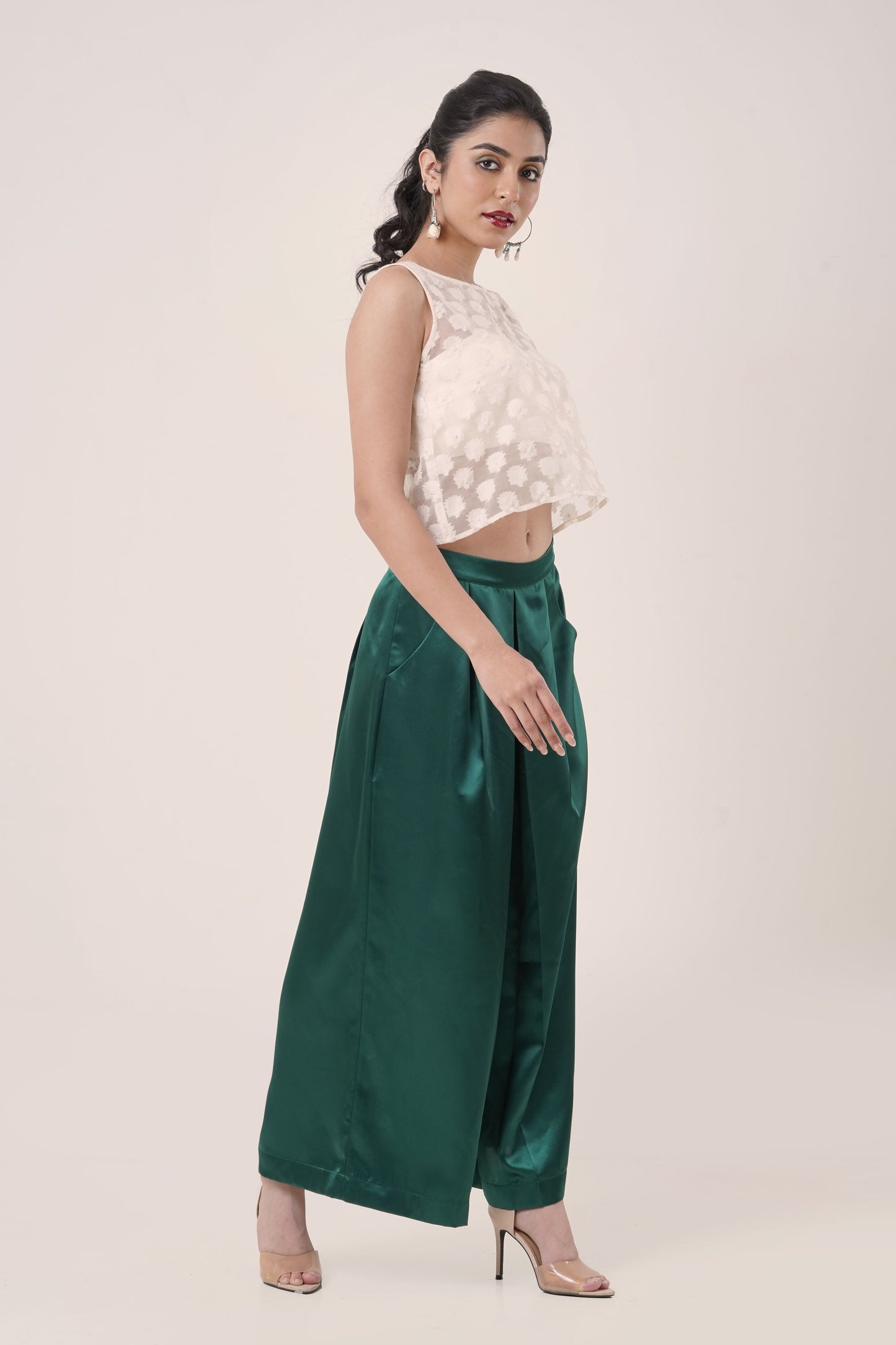 Ivory Sheer Embroidered Crop Top with Emerald Green Satin Pants