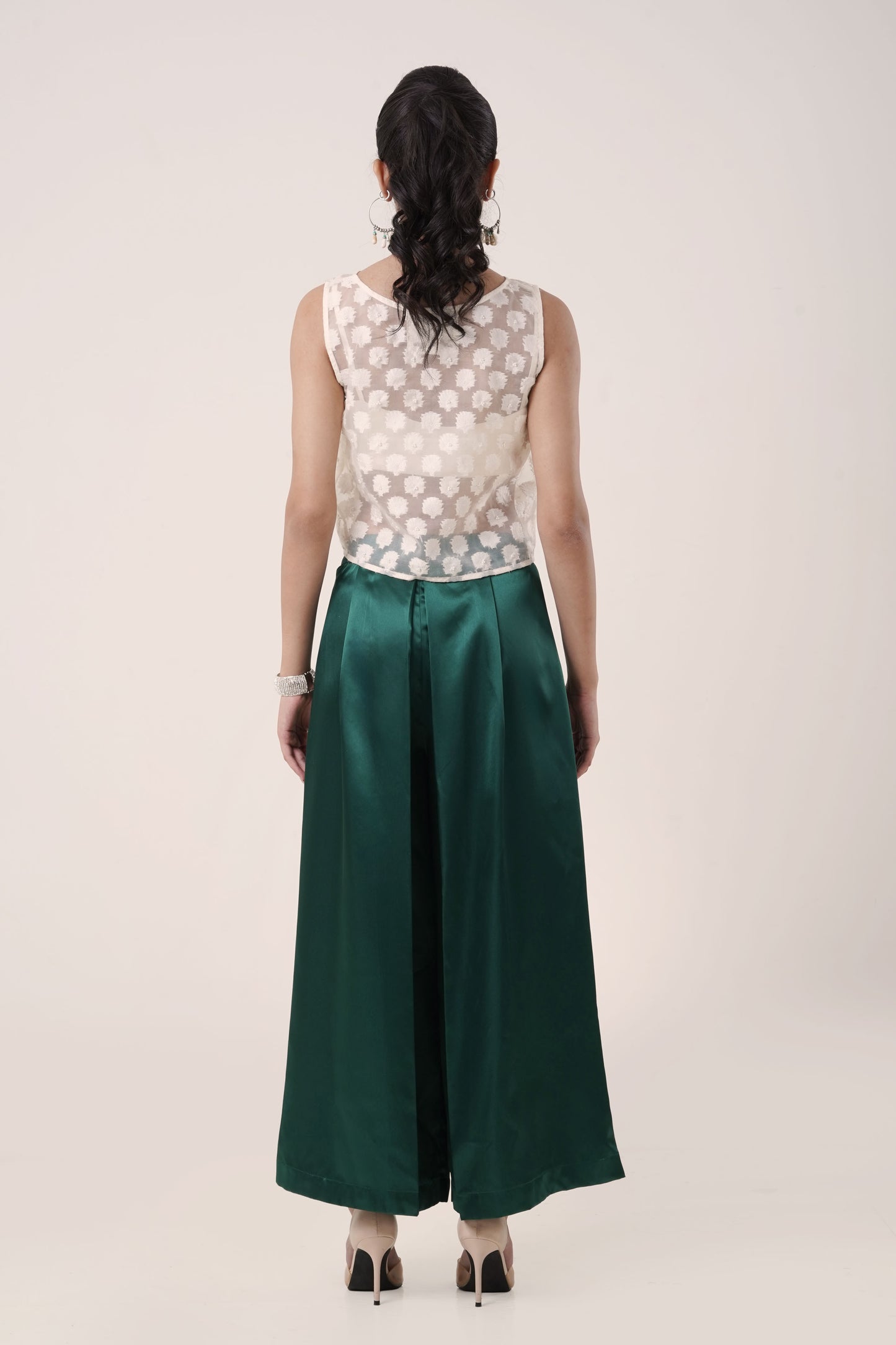 Ivory Sheer Embroidered Crop Top with Emerald Green Satin Pants