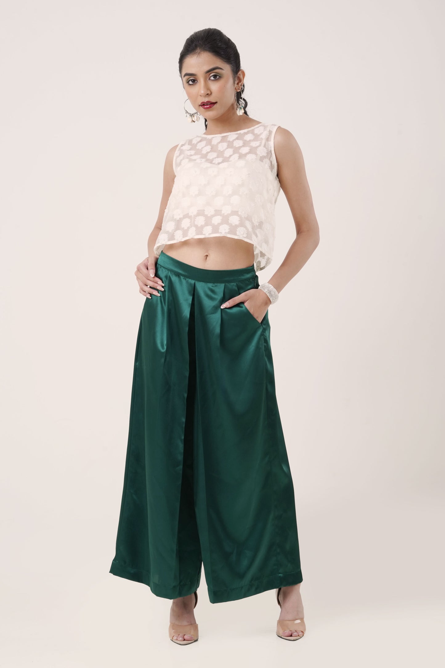 Ivory Sheer Embroidered Crop Top with Emerald Green Satin Pants