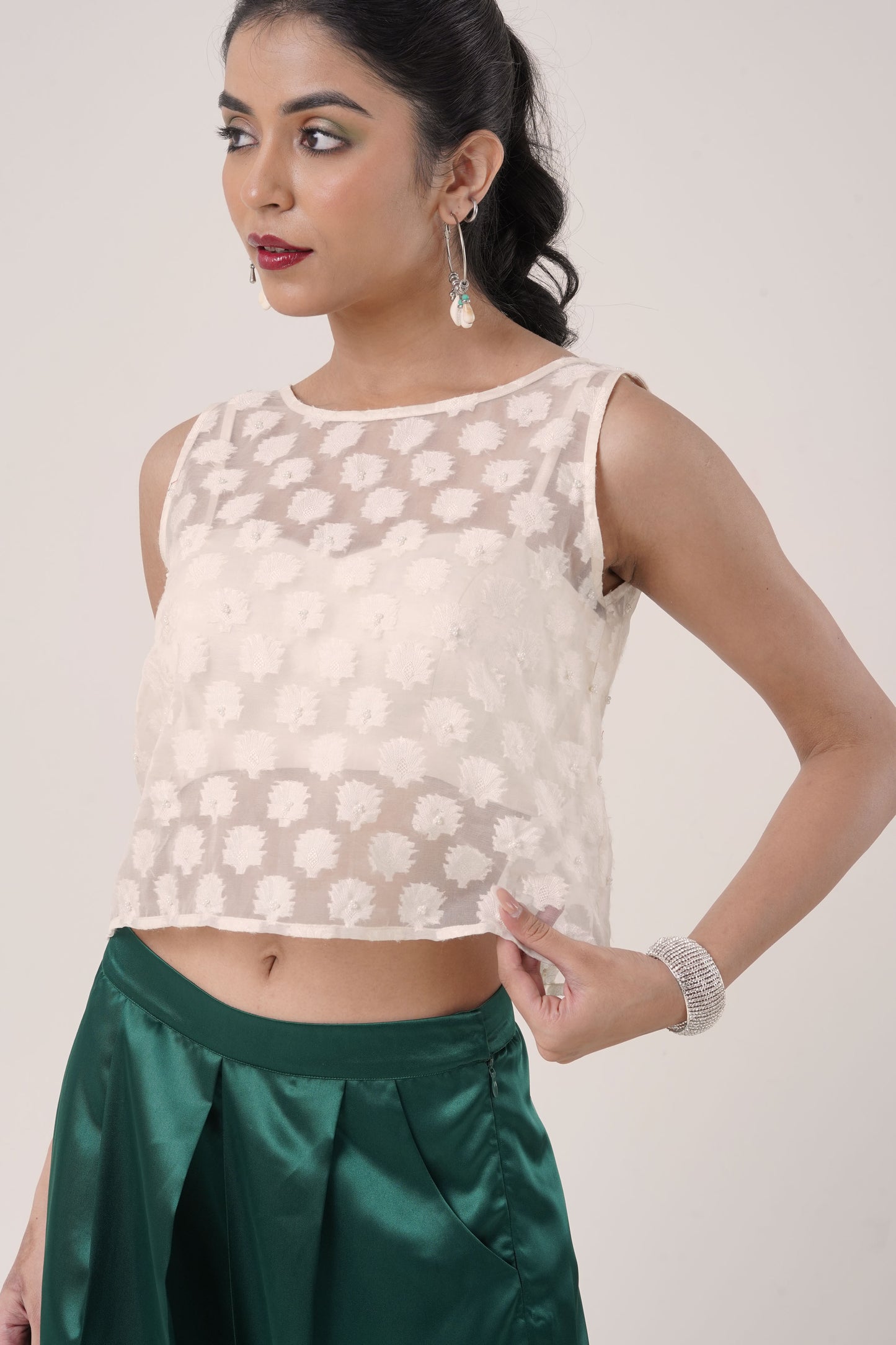Ivory Sheer Embroidered Crop Top with Emerald Green Satin Pants
