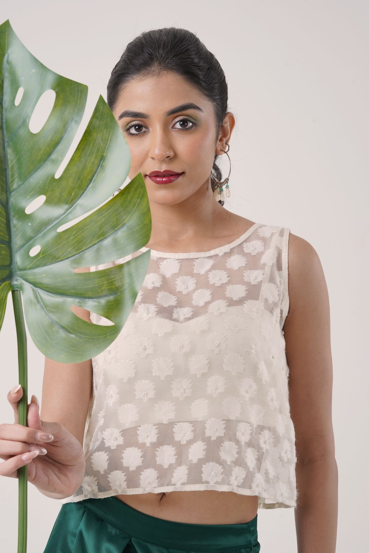 Ivory Sheer Embroidered Crop Top with Emerald Green Satin Pants