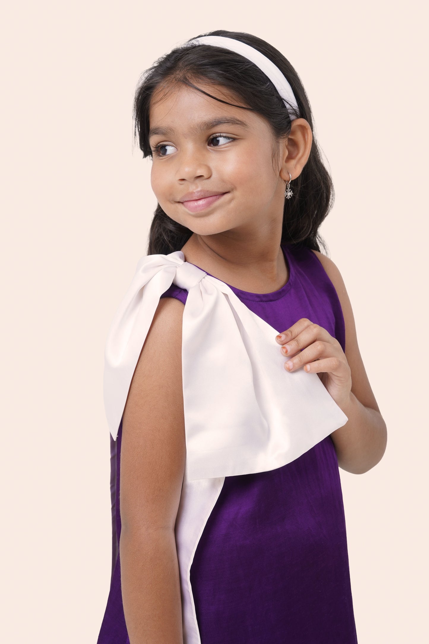 Purple Linen Satin Dress with White Shoulder Drape (5-7; 8-10; 11-12 Years)