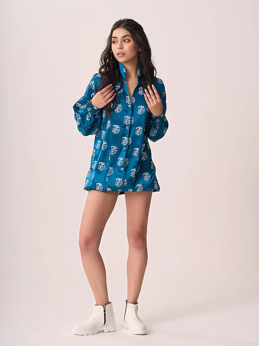 Elephant Print Oversized Satin Shirt Dress
