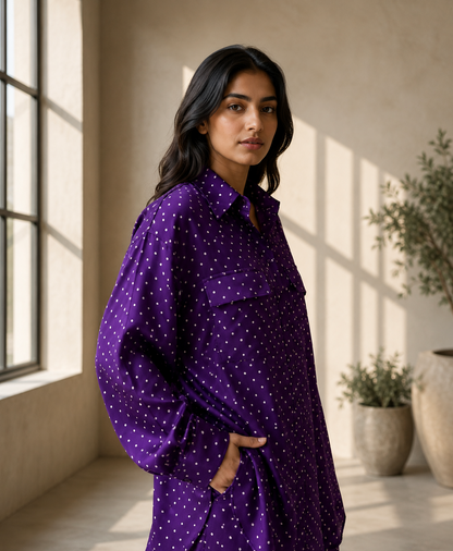 PURPLE DOT PRINT ANTI-FIT COORD SET