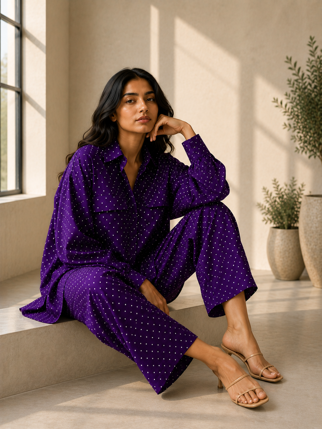PURPLE DOT PRINT ANTI-FIT COORD SET
