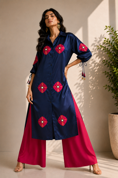 BLUE BANDHEJ KURTA SET