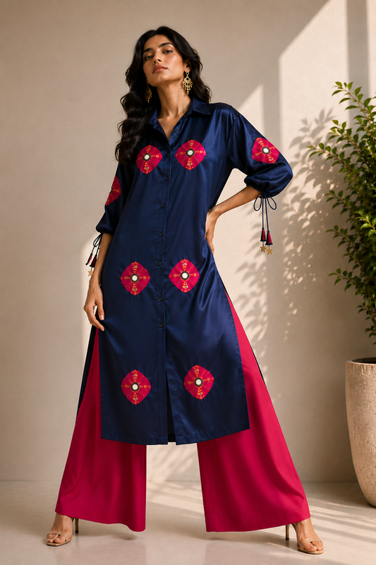 BLUE BANDHEJ KURTA SET