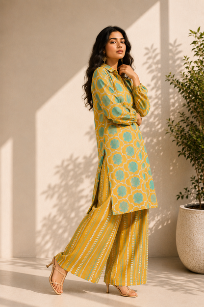 MUSTARD GREEN ABSTRACT KURTA SET