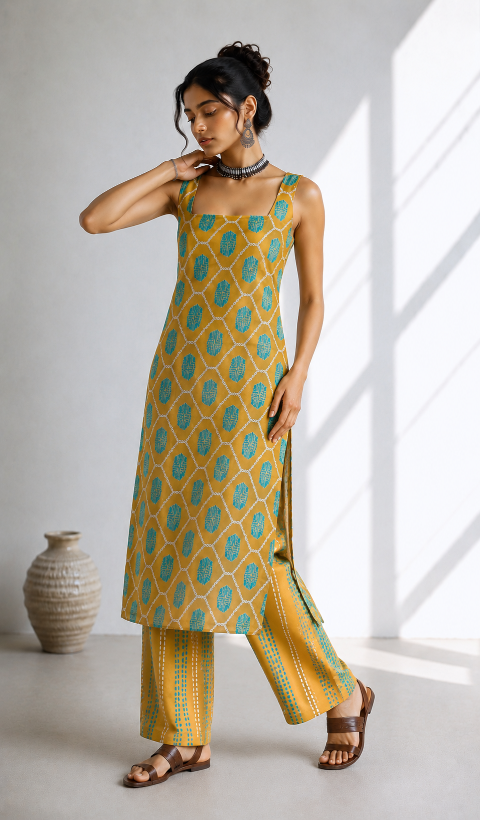 MUSTARD GREEN SLEEVELESS KURTA SET