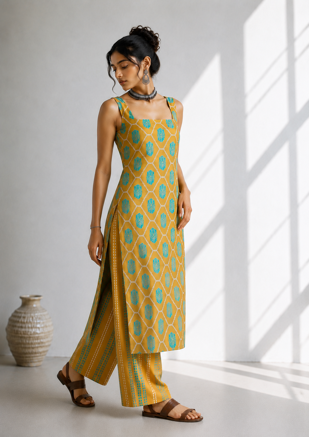MUSTARD GREEN SLEEVELESS KURTA SET