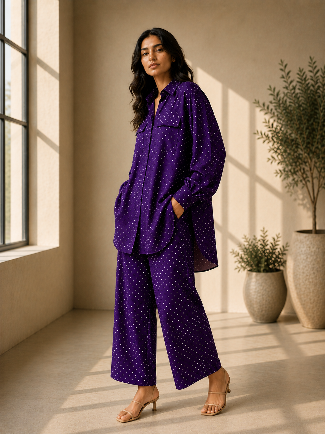 PURPLE DOT PRINT ANTI-FIT COORD SET