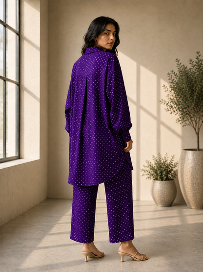 PURPLE DOT PRINT ANTI-FIT COORD SET