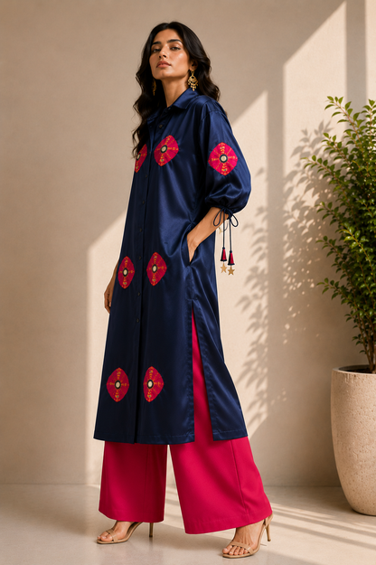 BLUE BANDHEJ KURTA SET