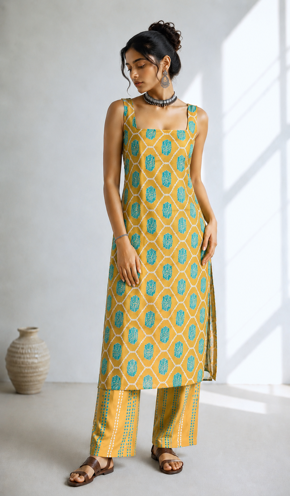 MUSTARD GREEN SLEEVELESS KURTA SET