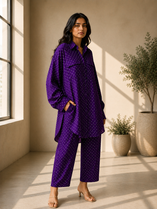 PURPLE DOT PRINT ANTI-FIT COORD SET