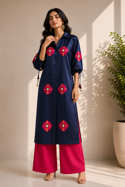 BLUE BANDHEJ KURTA SET