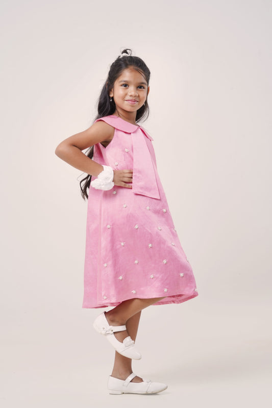Pink Bow Collar Dress – Embroidered Charm (5-7; 8-10; 11-12 Years)
