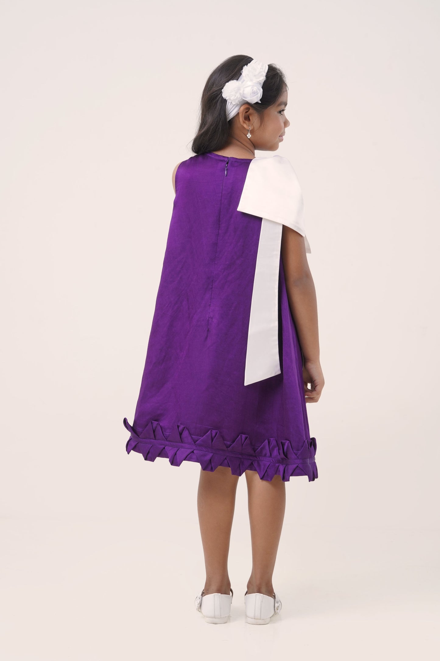 Purple Linen Satin Dress with White Shoulder Drape (5-7; 8-10; 11-12 Years)