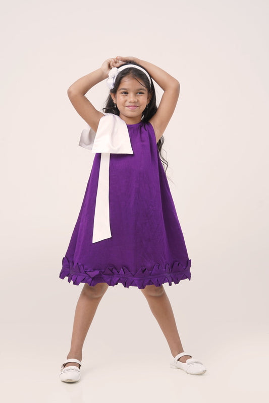 Purple Linen Satin Dress with White Shoulder Drape (5-7; 8-10; 11-12 Years)