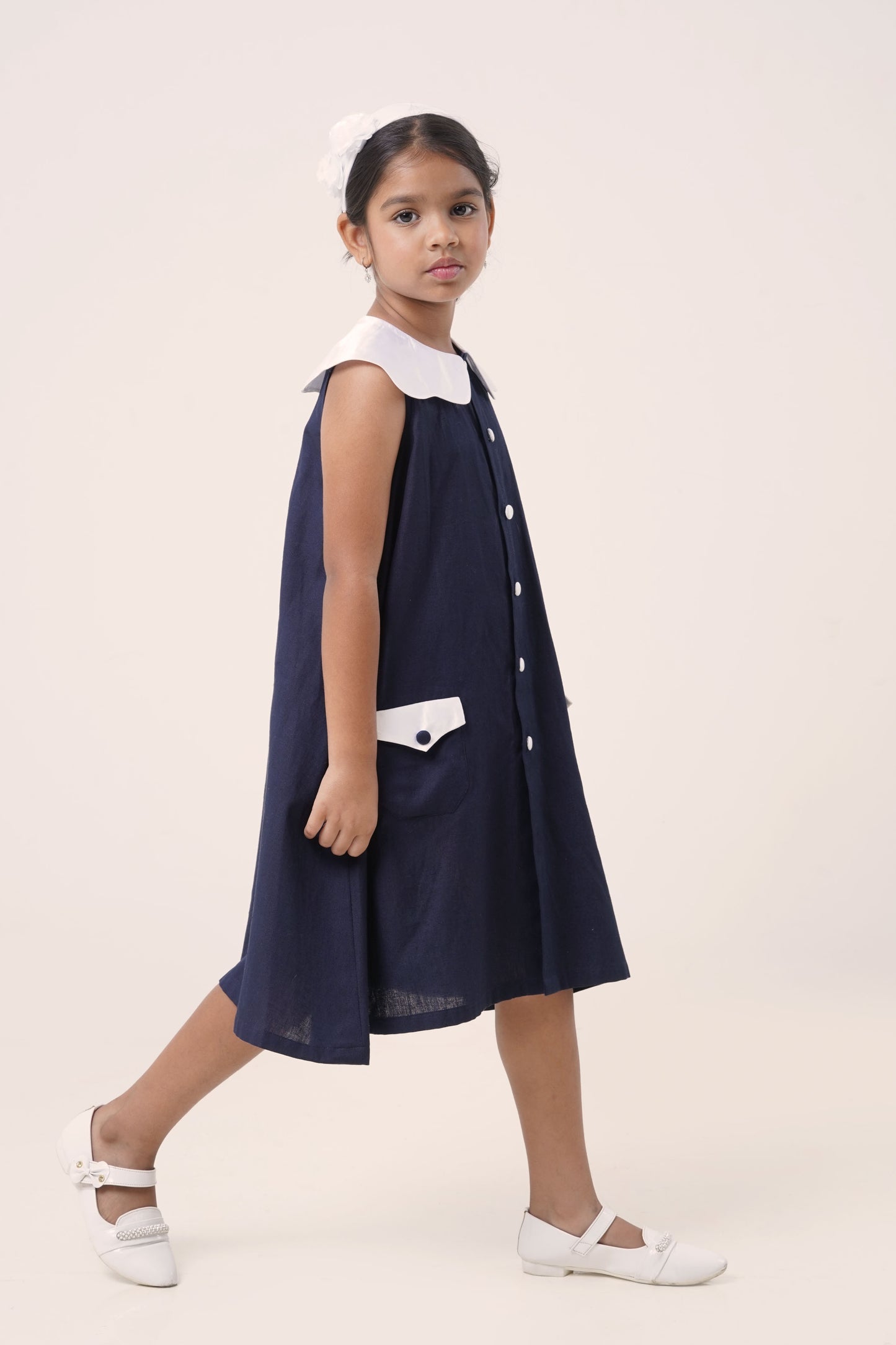Navy Button-Down Cotton Dress with Satin Collar (5-7; 8-10; 11-12 Years)