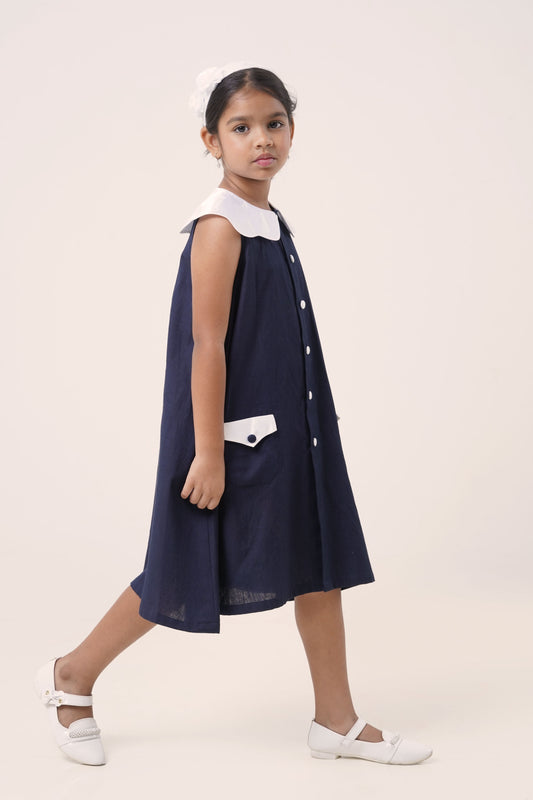 Navy Button-Down Cotton Dress with Satin Collar (5-7; 8-10; 11-12 Years)