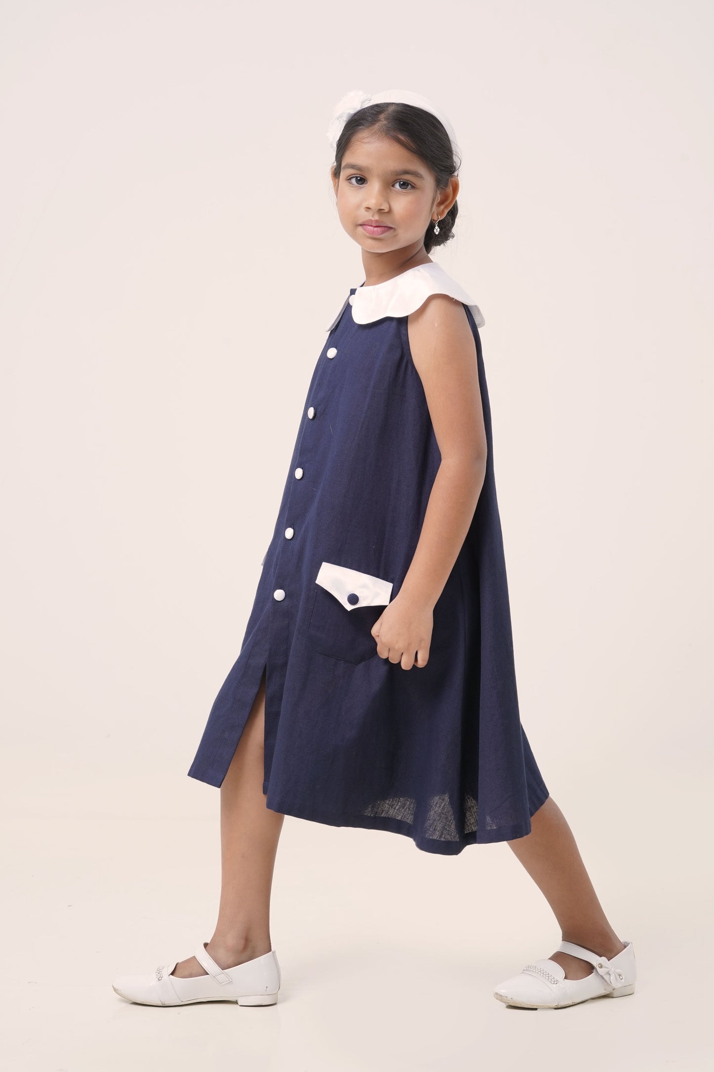 Navy Button-Down Cotton Dress with Satin Collar (5-7; 8-10; 11-12 Years)