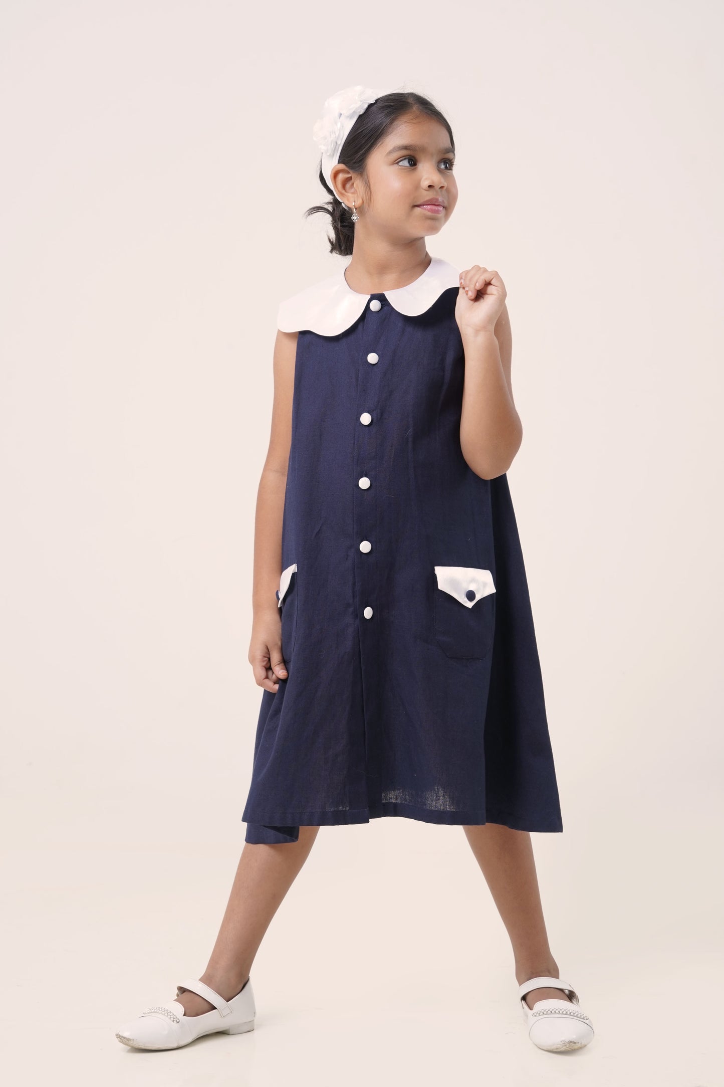 Navy Button-Down Cotton Dress with Satin Collar (5-7; 8-10; 11-12 Years)
