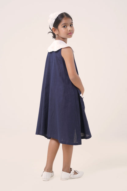 Navy Button-Down Cotton Dress with Satin Collar (5-7; 8-10; 11-12 Years)