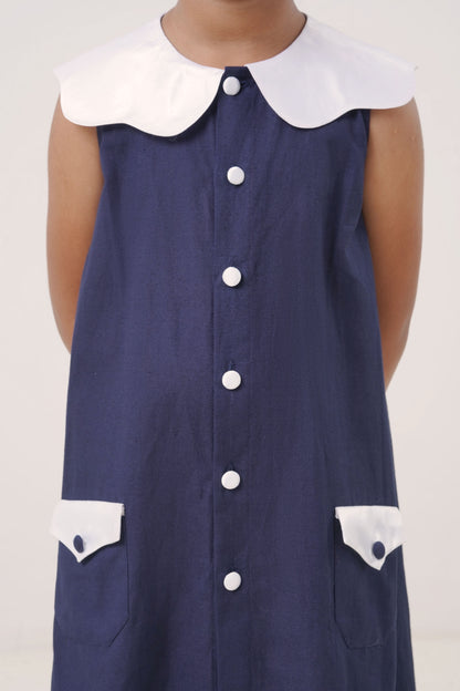 Navy Button-Down Cotton Dress with Satin Collar (5-7; 8-10; 11-12 Years)