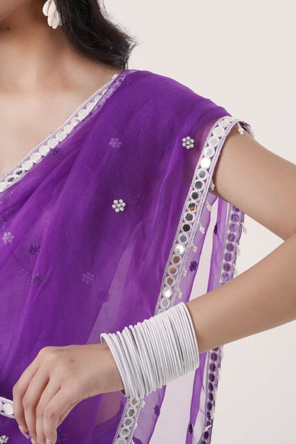 Plum Organza Saree with Hand-Embroidered Pearl Corset Blouse