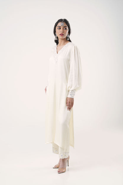 Lucknow Ivory Embroidered Kurta Set with Balloon Sleeves