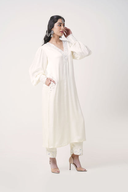 Lucknow Ivory Embroidered Kurta Set with Balloon Sleeves