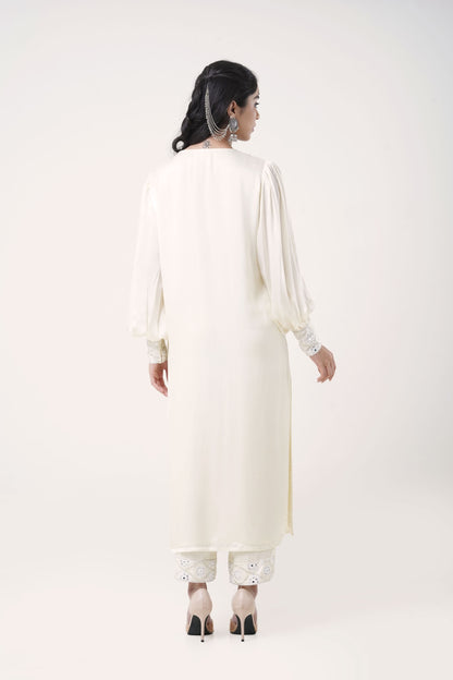 Lucknow Ivory Embroidered Kurta Set with Balloon Sleeves