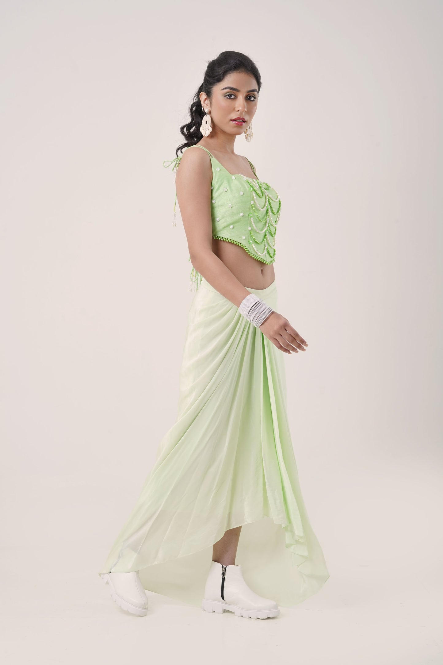 Mint Green Draped Skirt & Beaded Corset Top Set