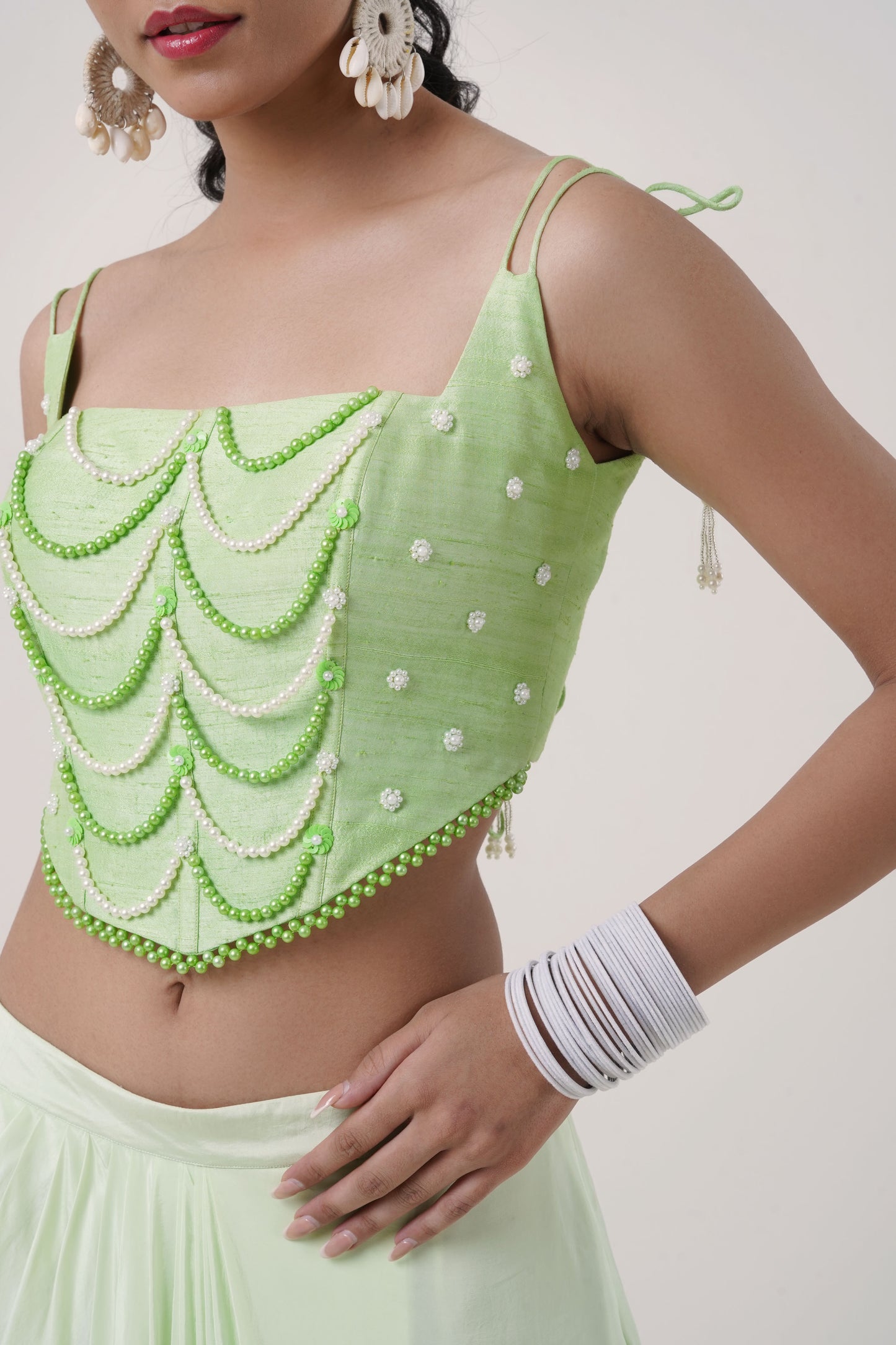 Mint Green Draped Skirt & Beaded Corset Top Set