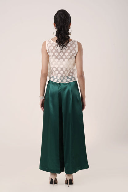 Ivory Sheer Embroidered Crop Top with Emerald Green Satin Pants