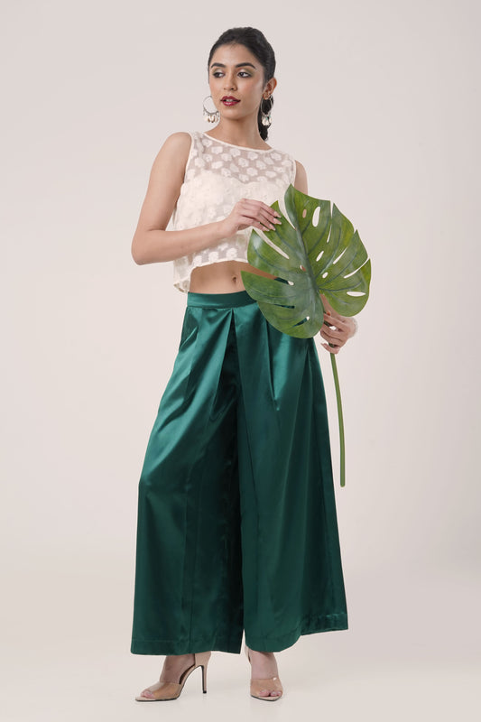 Ivory Sheer Embroidered Crop Top with Emerald Green Satin Pants