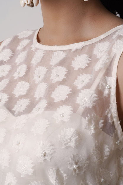 Ivory Sheer Embroidered Crop Top with Emerald Green Satin Pants