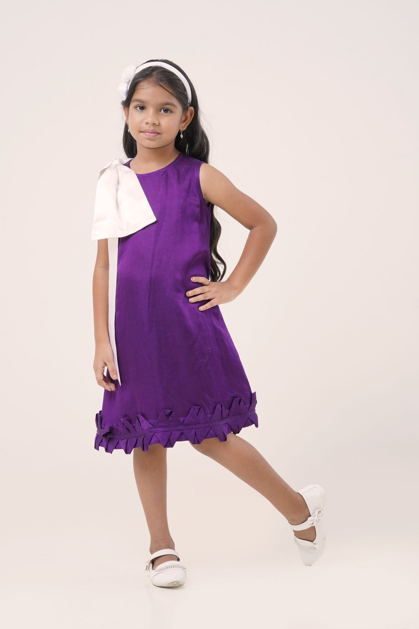 Purple Linen Satin Dress with White Shoulder Drape (5-7; 8-10; 11-12 Years)