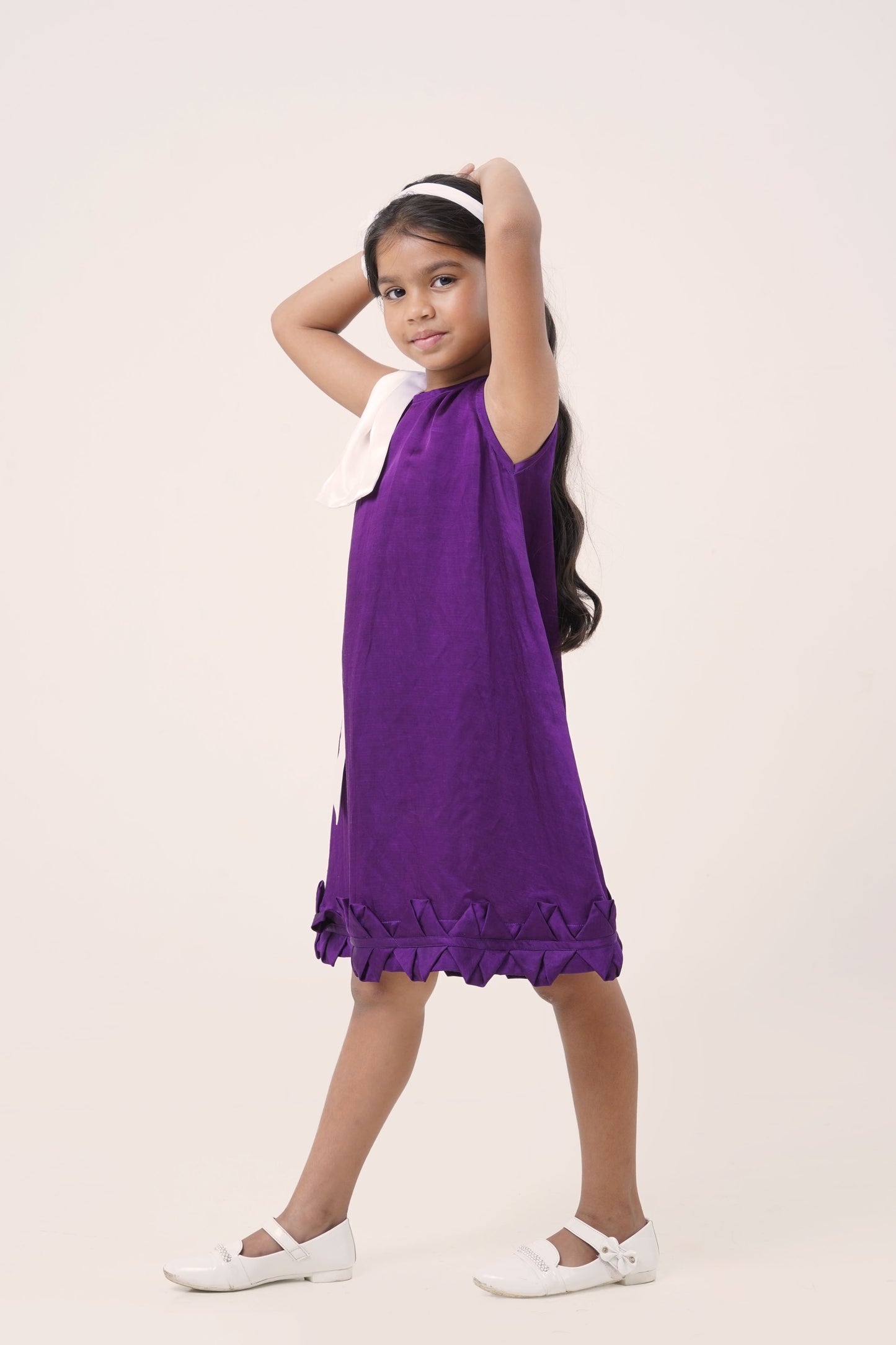 Purple Linen Satin Dress with White Shoulder Drape (5-7; 8-10; 11-12 Years)