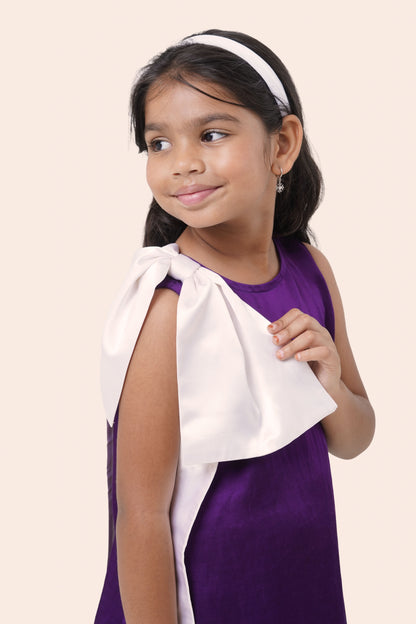 Purple Linen Satin Dress with White Shoulder Drape (5-7; 8-10; 11-12 Years)