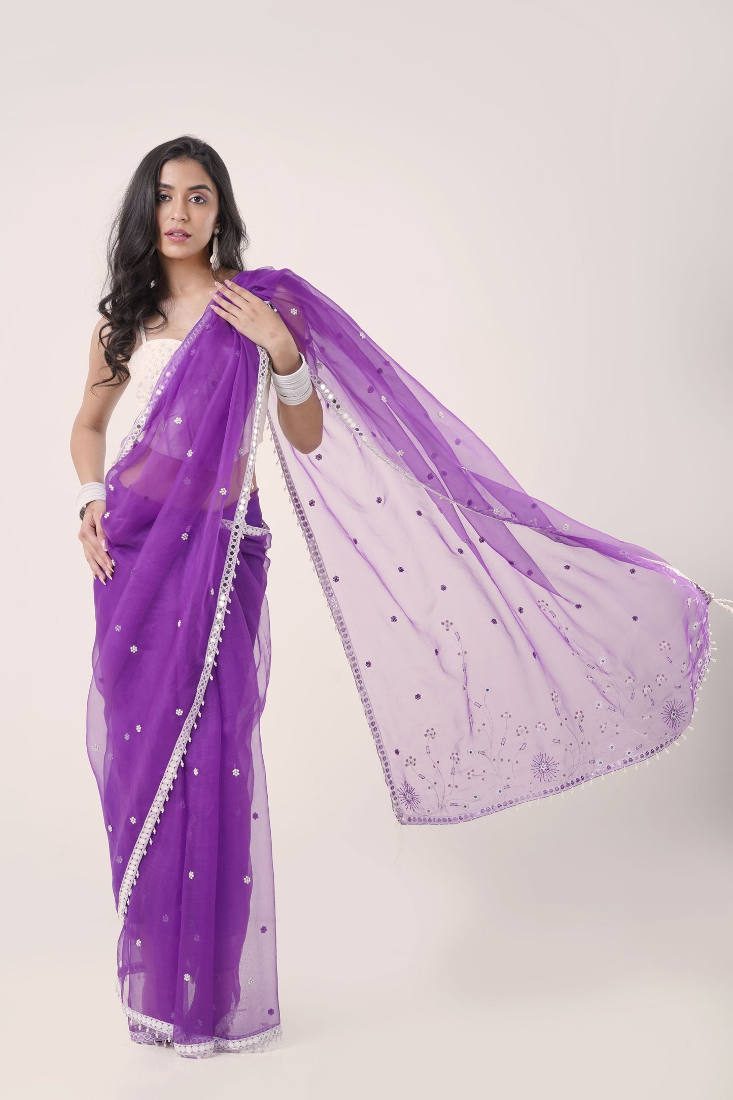 Plum Organza Saree with Hand-Embroidered Pearl Corset Blouse