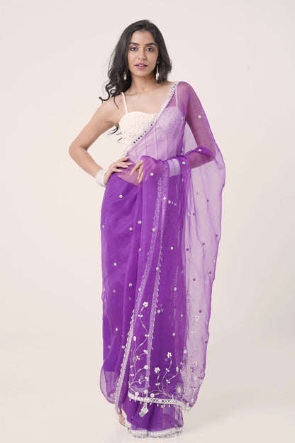 Plum Organza Saree with Hand-Embroidered Pearl Corset Blouse
