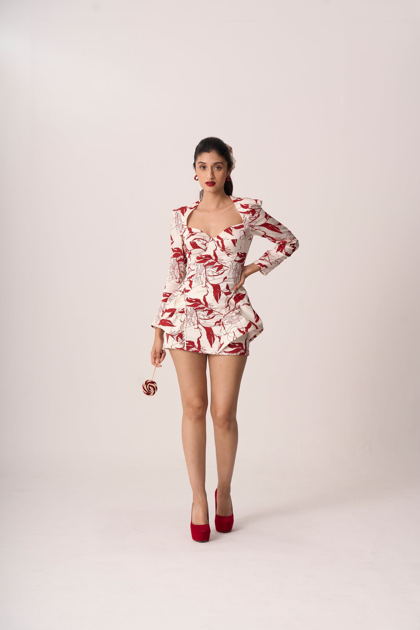 White & Cherry Red Structured Bodycon Dress with Cone Angles