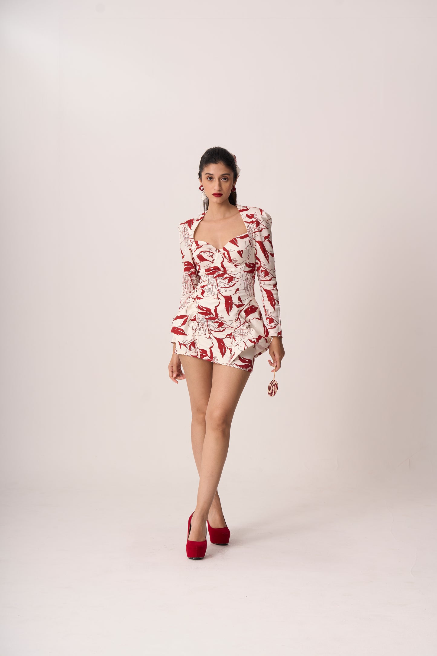 White & Cherry Red Structured Bodycon Dress with Cone Angles