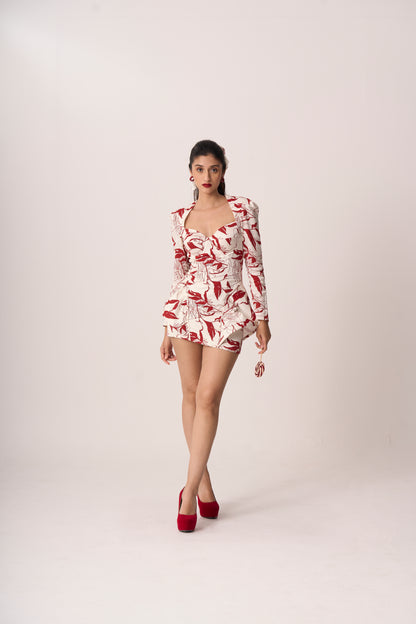 White & Cherry Red Structured Bodycon Dress with Cone Angles